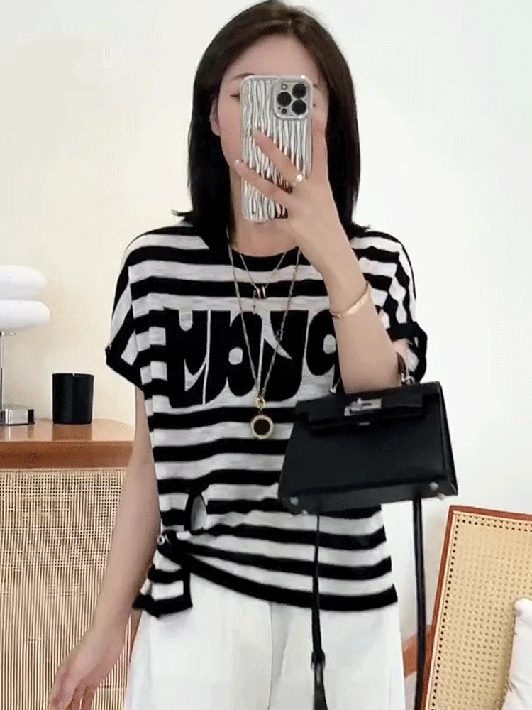 韩版气质温柔优雅女装上衣夏季薄款冰丝宽松显瘦遮肉圆领针织衫潮