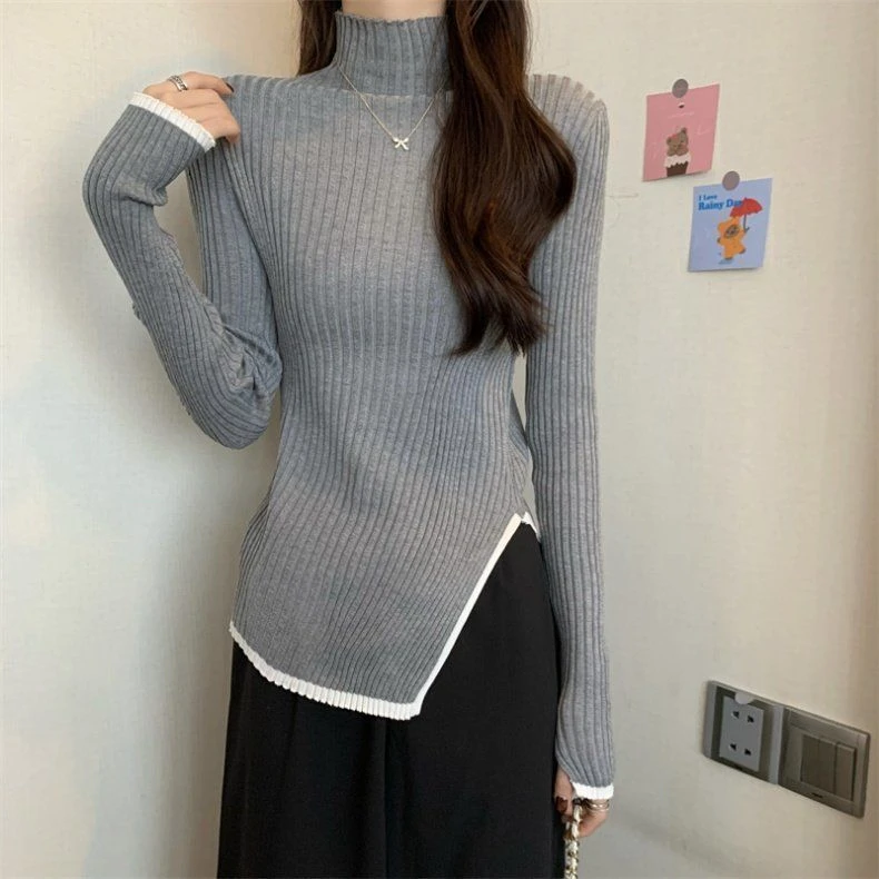 法式不规则针织衫慵懒风百搭毛衣女设计感春秋季半高领上衣打底衫