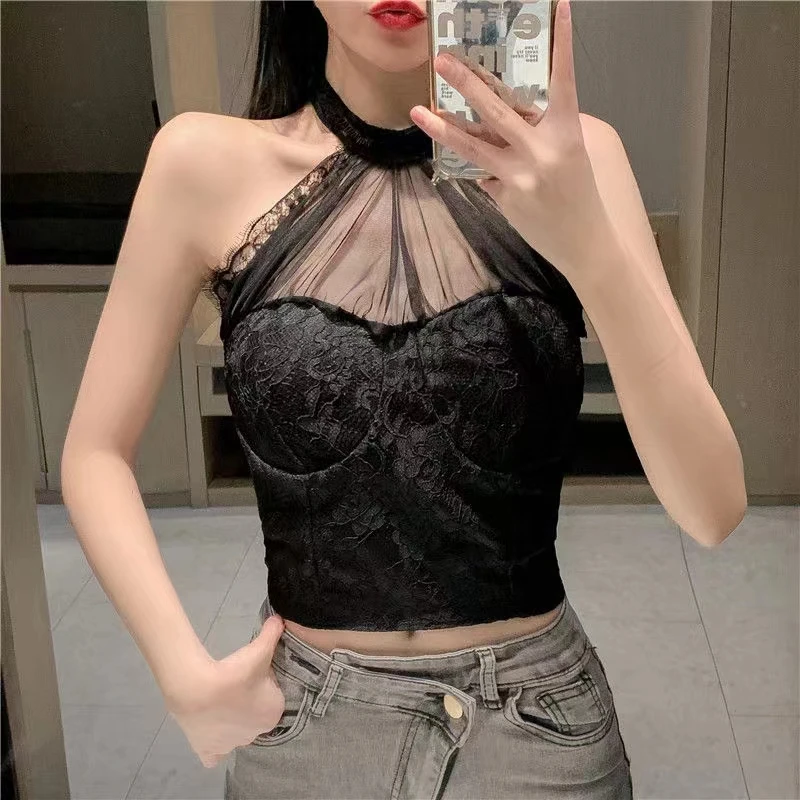 辣妹性感蕾丝美背抹胸修身显瘦挂脖式短款百搭外穿打底设计感上衣