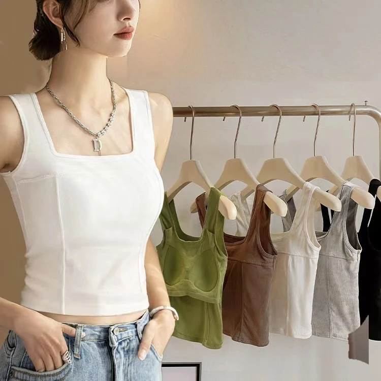 带胸垫吊带小背心女夏内搭白色打底外穿裹胸美背背心文胸一体上衣