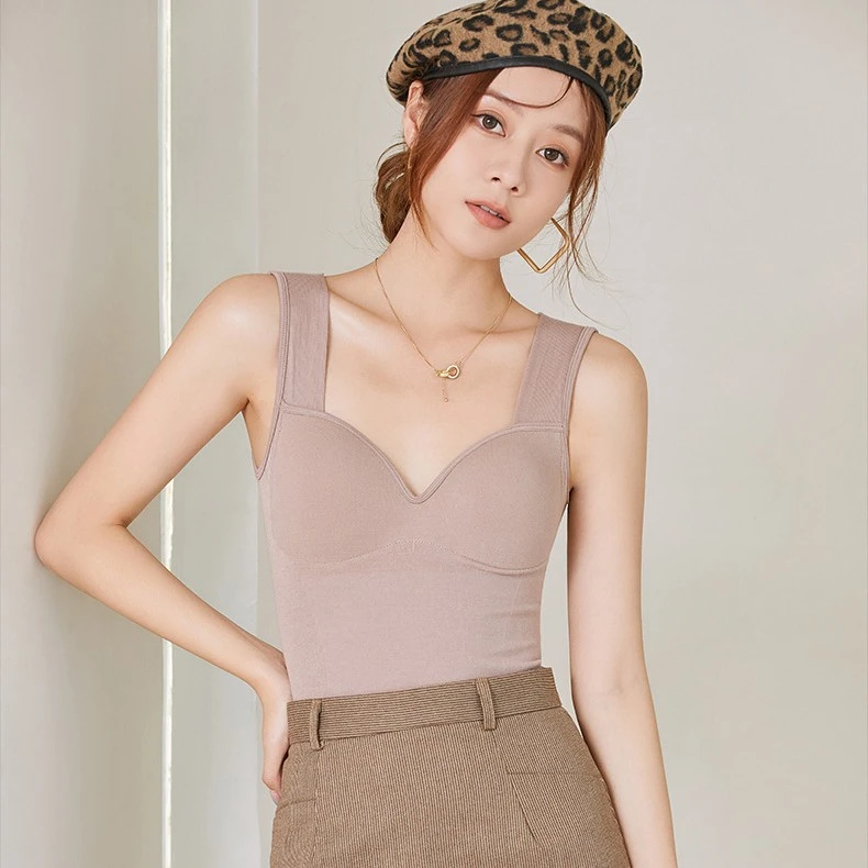 秋冬加厚性感V领保暖背心女带胸垫内衣低领打底衫修身美体上衣