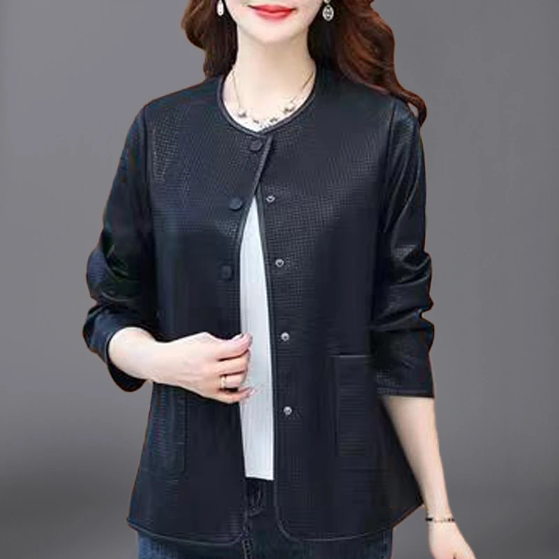 时尚春秋短款宽松百搭外套中年女士大码休闲妈妈装洋气PU皮衣
