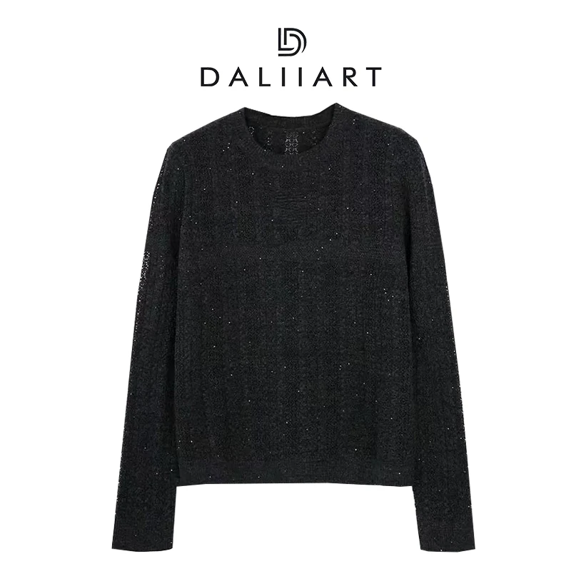 DALIART 波斯湾 绵羊毛银丝珠片纱绞花挑孔圆领针织衫DLTX1619