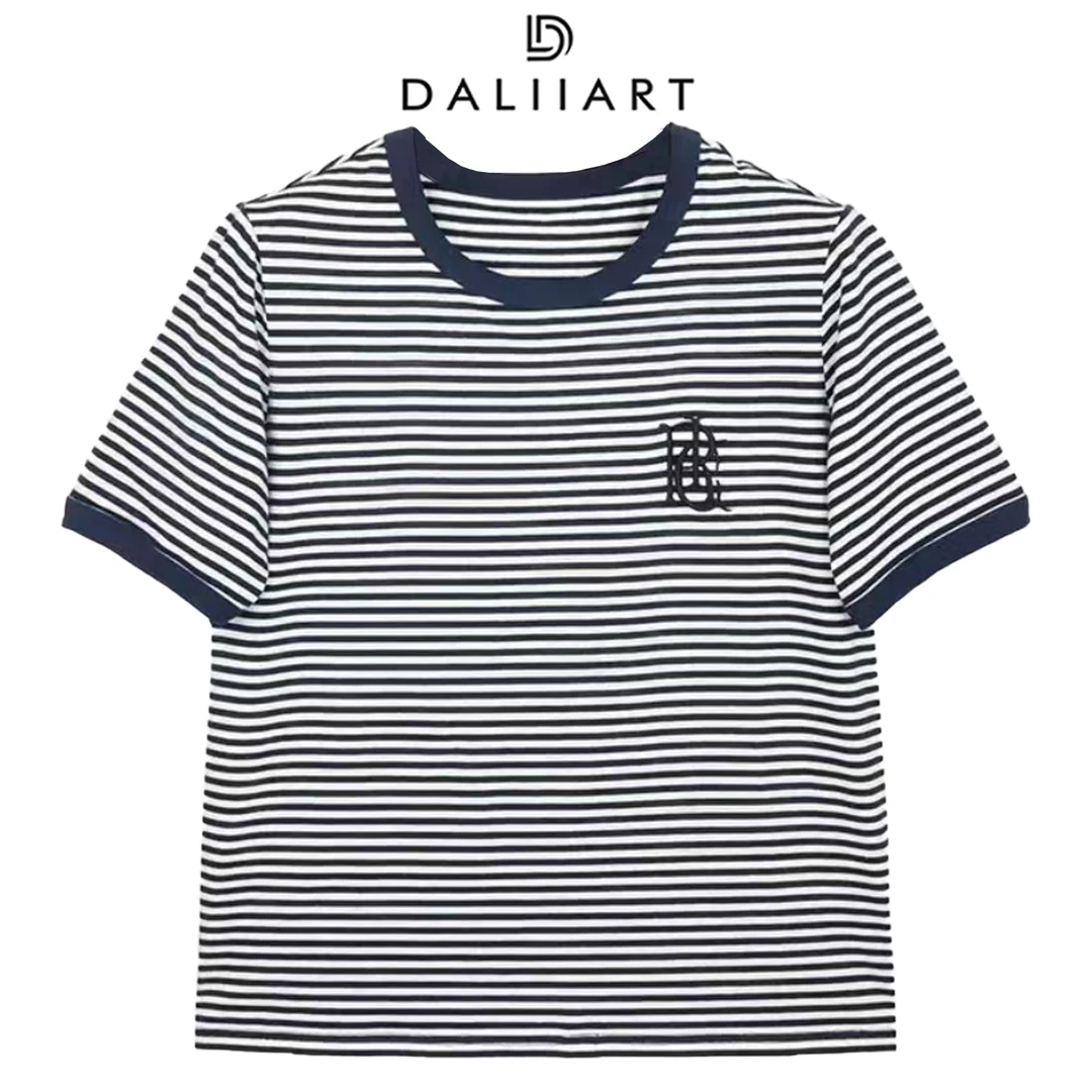 大丽高定女装 海军风 32S长绒棉圆领短袖刺绣海魂条纹T恤DLTX1007