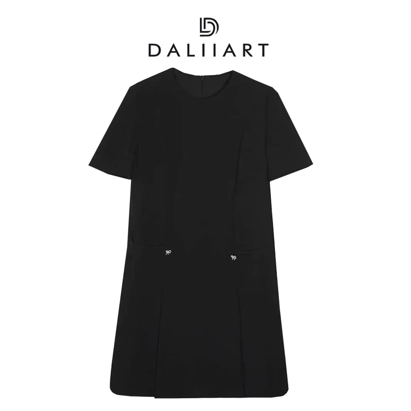 大丽高定女装  星耀小黑裙 进口醋酯香风圆领短袖连衣裙DLQZ0150