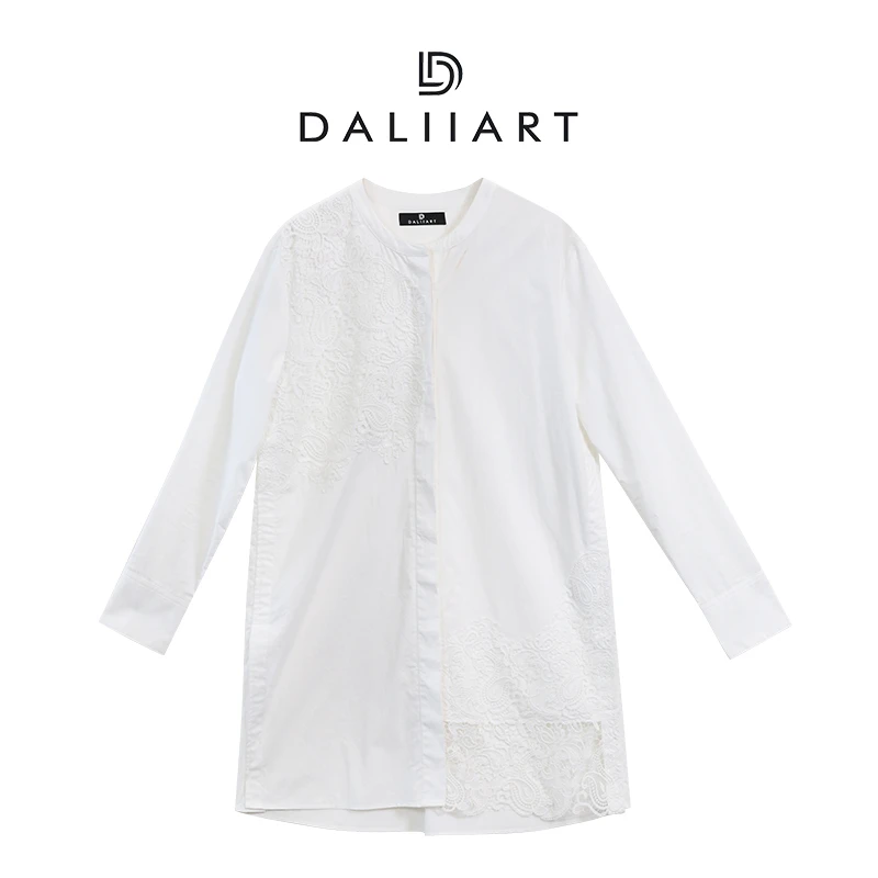 大丽意乱情迷重工立体花纹蕾丝80支匹马棉v领衬衫裙DLQZ0422
