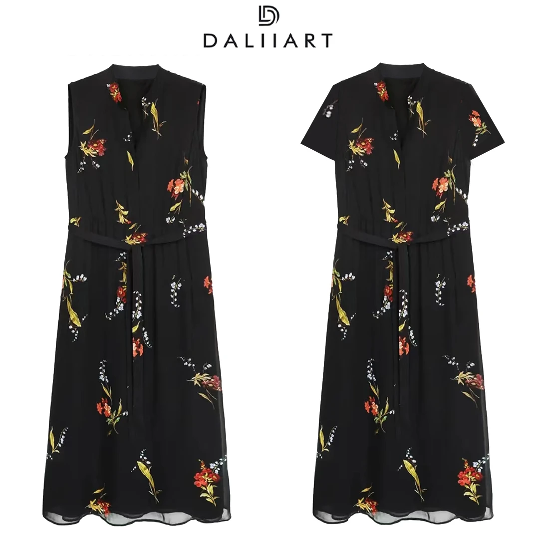 大丽高定女装 紫城初遇 进口粘胶印花碎褶无袖V领连衣裙DLQZ0517