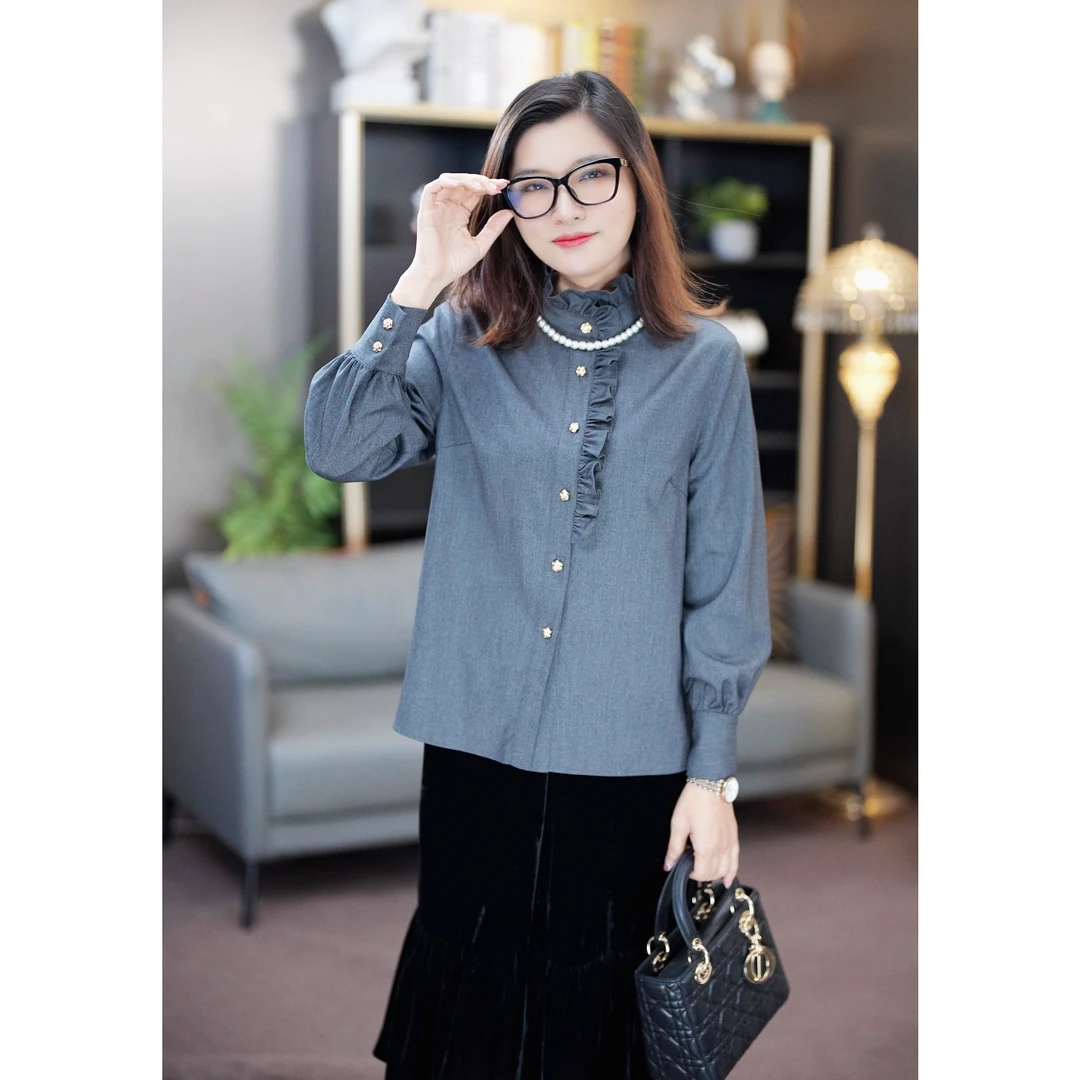 大丽高定 经典时尚花苞领长袖衬衫DLTX0423