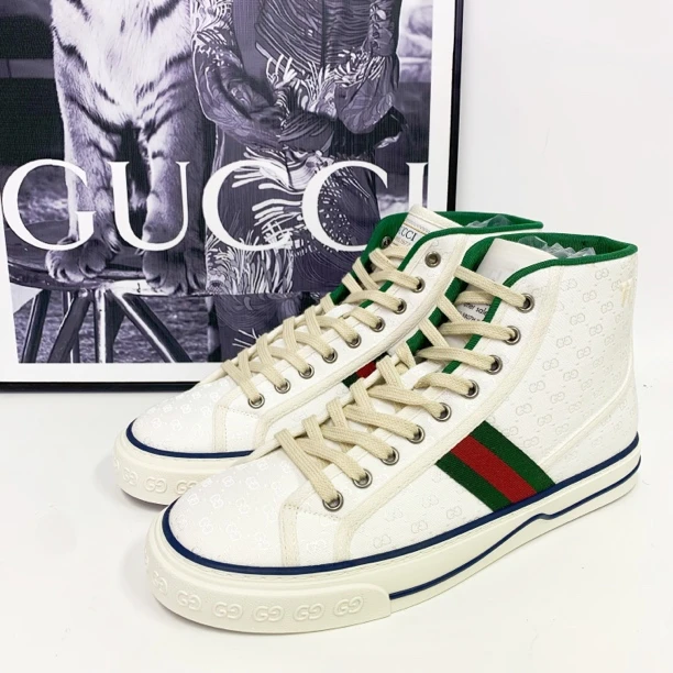 全新未使用 GUCCI/古驰 古驰1977系列白色高帮红绿织带帆布板鞋