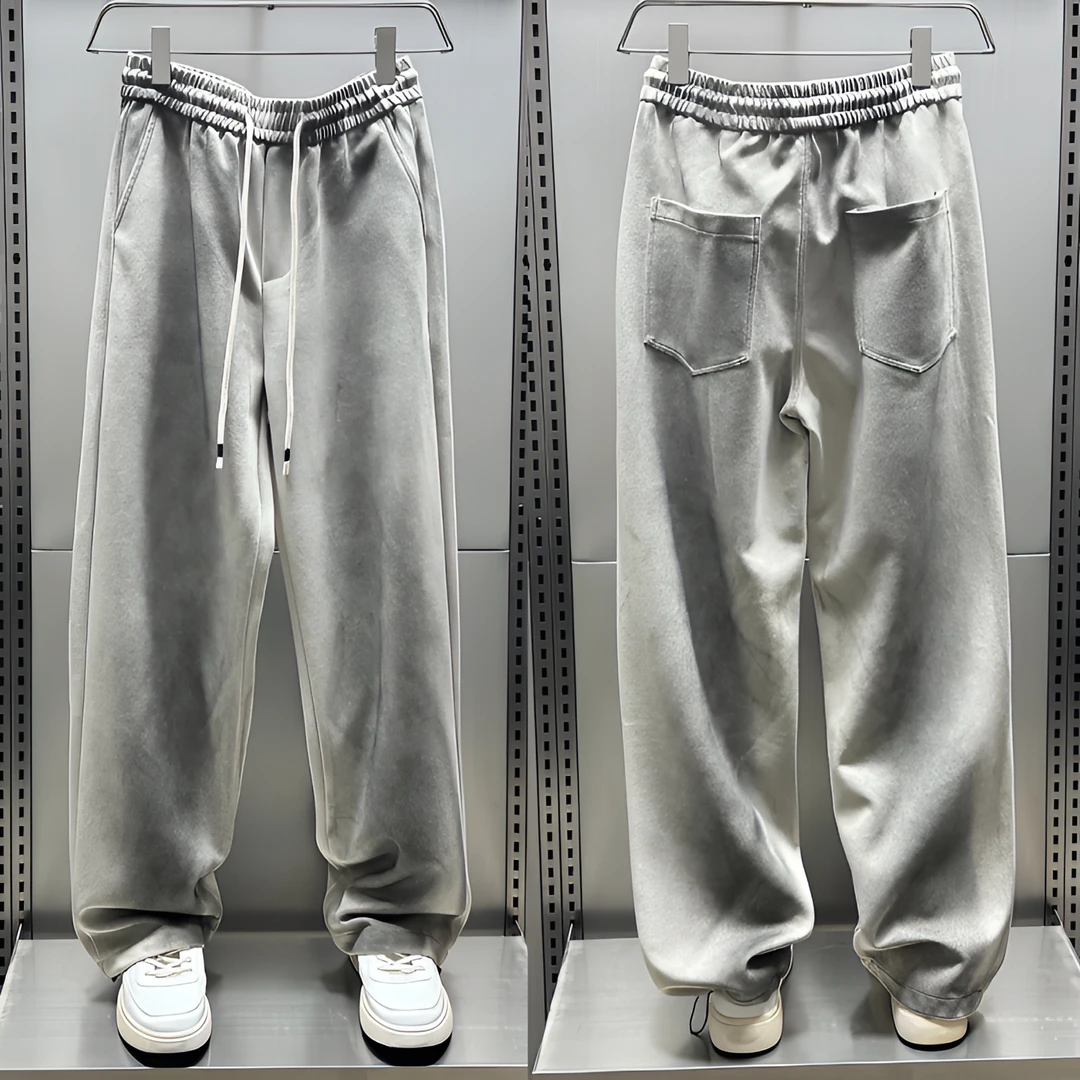 秋季新款男士脏脏裤重磅水洗扎染做旧直筒直筒垂感阔腿休闲裤卫裤