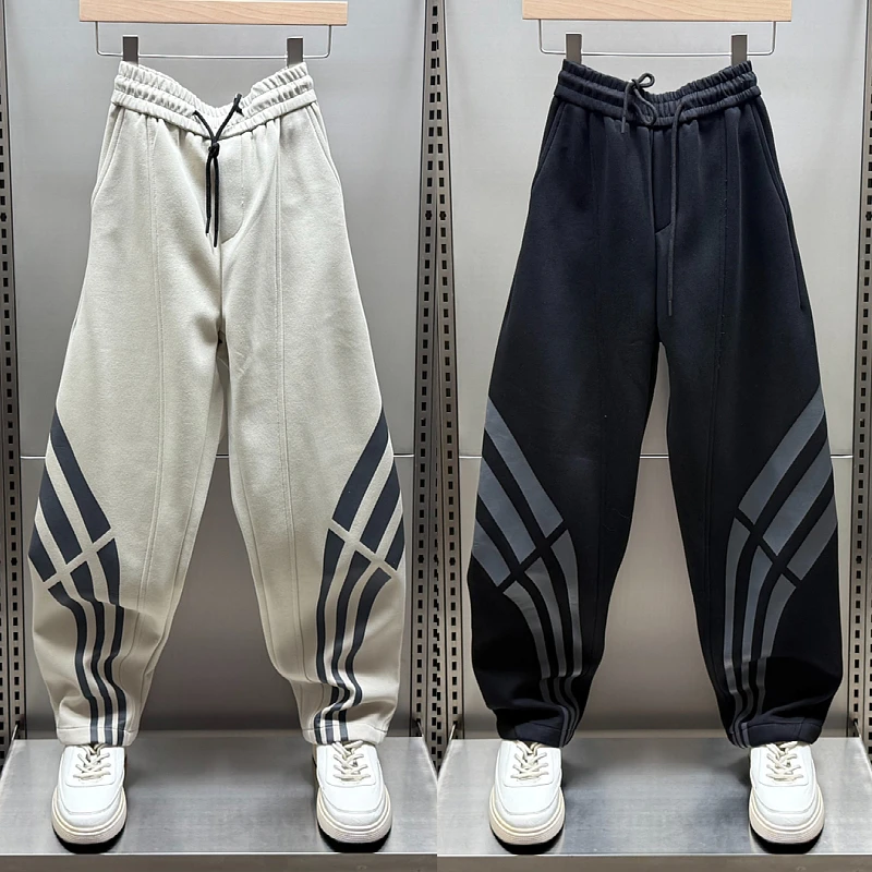 秋冬新款拼接小直角卫裤男加绒美式印花条纹宽松青年休闲裤运动裤