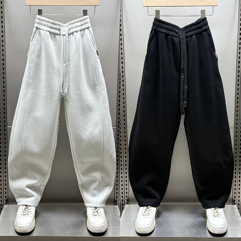 秋冬新款重磅加绒立体裁剪休闲裤男士卫裤宽松简约纯色百搭运动裤