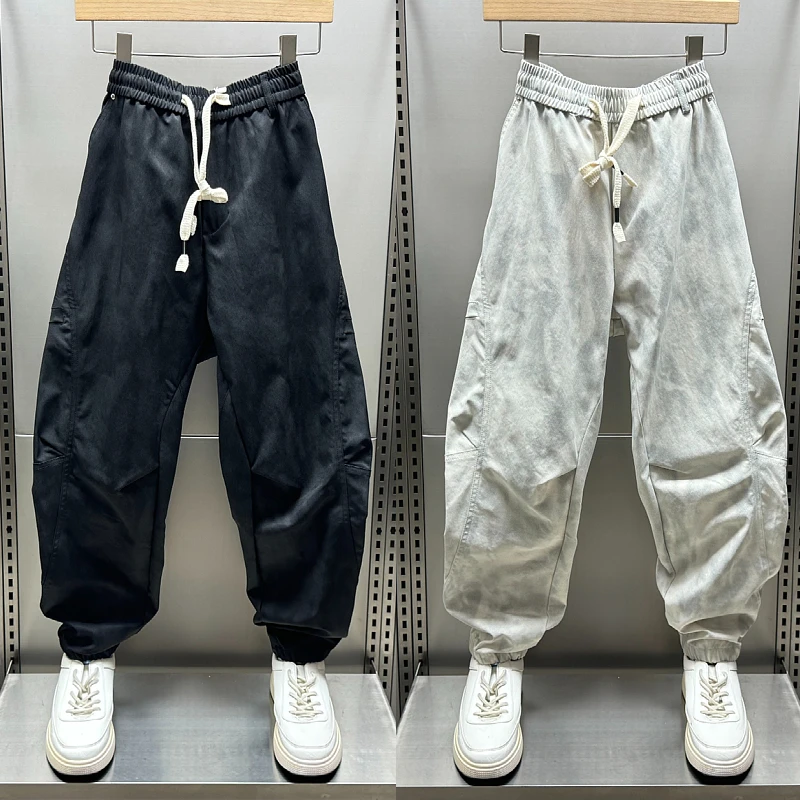 美式休闲弯刀裤男2024秋季新款扎染脏脏裤青年痞帅宽松束脚哈伦裤