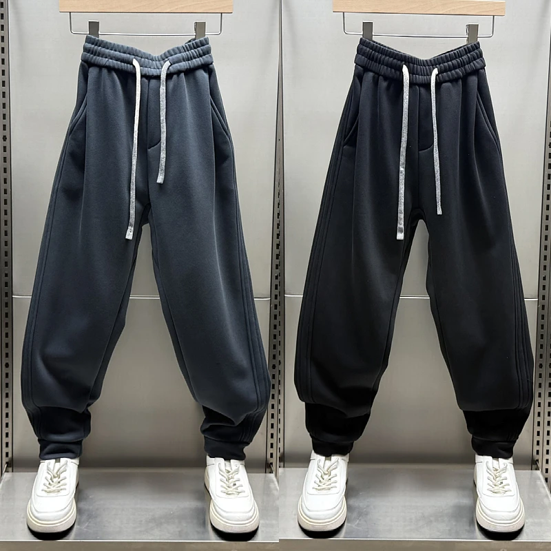 秋冬新款卫裤男加绒加厚束脚裤休闲裤潮牌拼接小脚运动裤百搭长裤