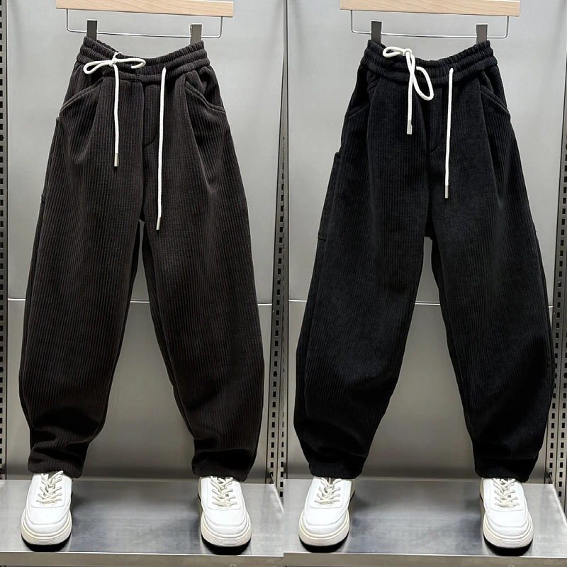 秋冬新款加绒加厚潮牌灯芯绒休闲裤男士痞帅宽松直筒小脚运动卫裤