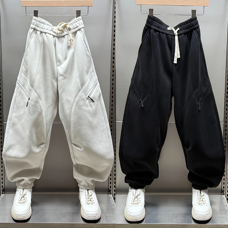 2025秋冬新款潮牌大口袋宽松束脚弯刀卫裤纯色百搭青年帅气运动裤