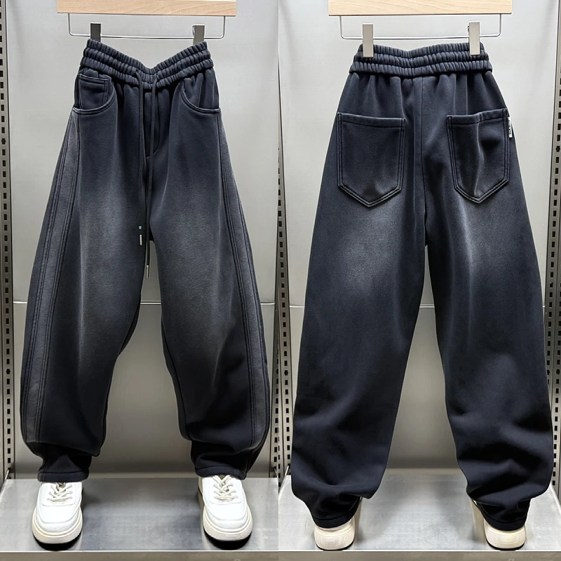 秋冬新款男士加绒加厚休闲卫裤做旧宽松潮流渐变色直筒青年运动裤