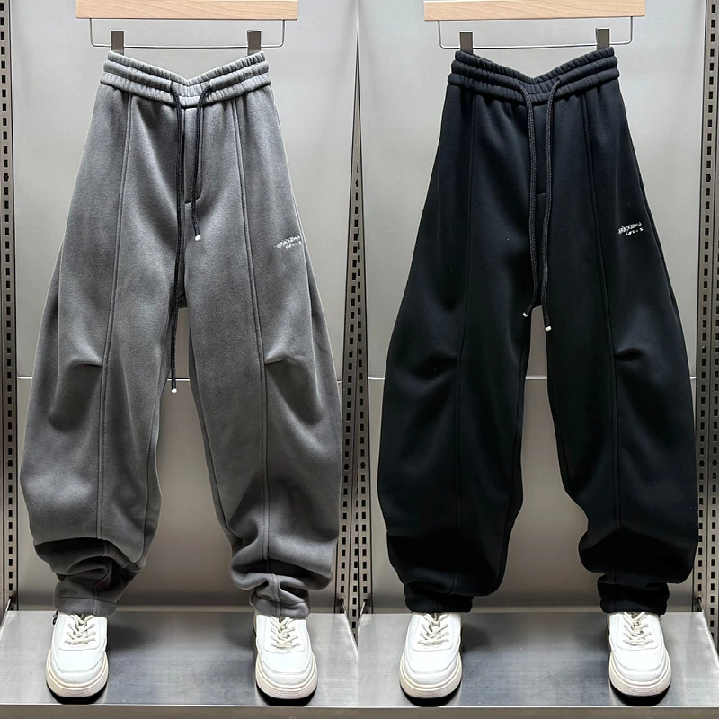 秋冬新款加绒加厚休闲脏脏裤男士运动卫裤宽松直筒长裤拼接弯刀裤