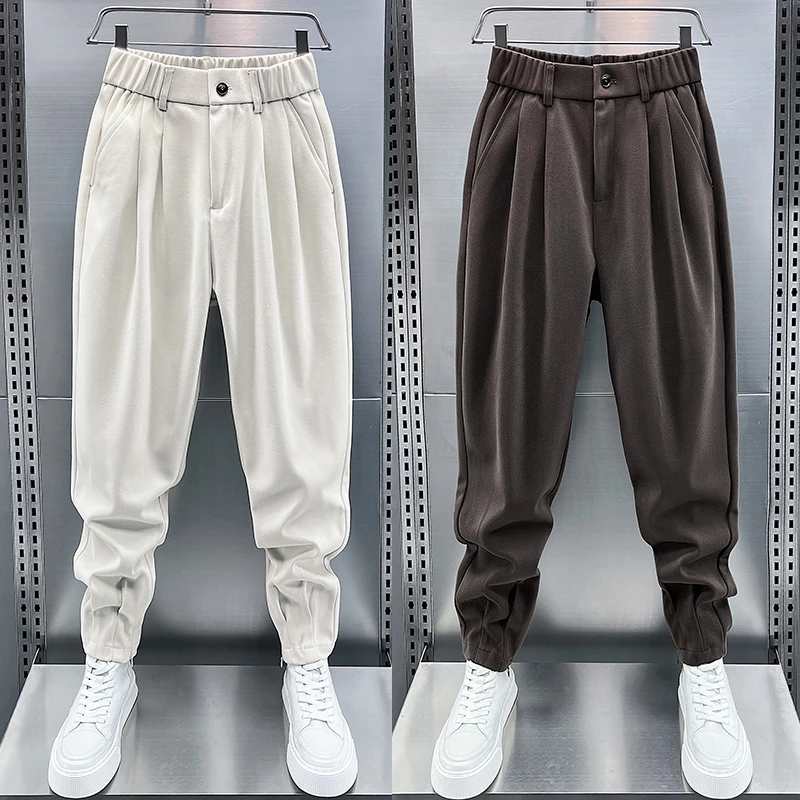 秋冬新款毛呢男士西裤男垂感宽松小脚哈伦裤同款纯色百搭休闲长裤