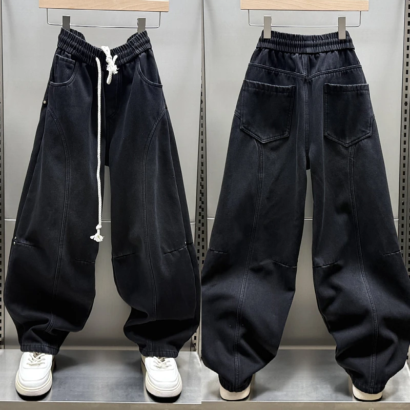 秋冬新款设计感立体剪裁阔腿牛仔裤美式高街宽松加绒加厚直筒长裤