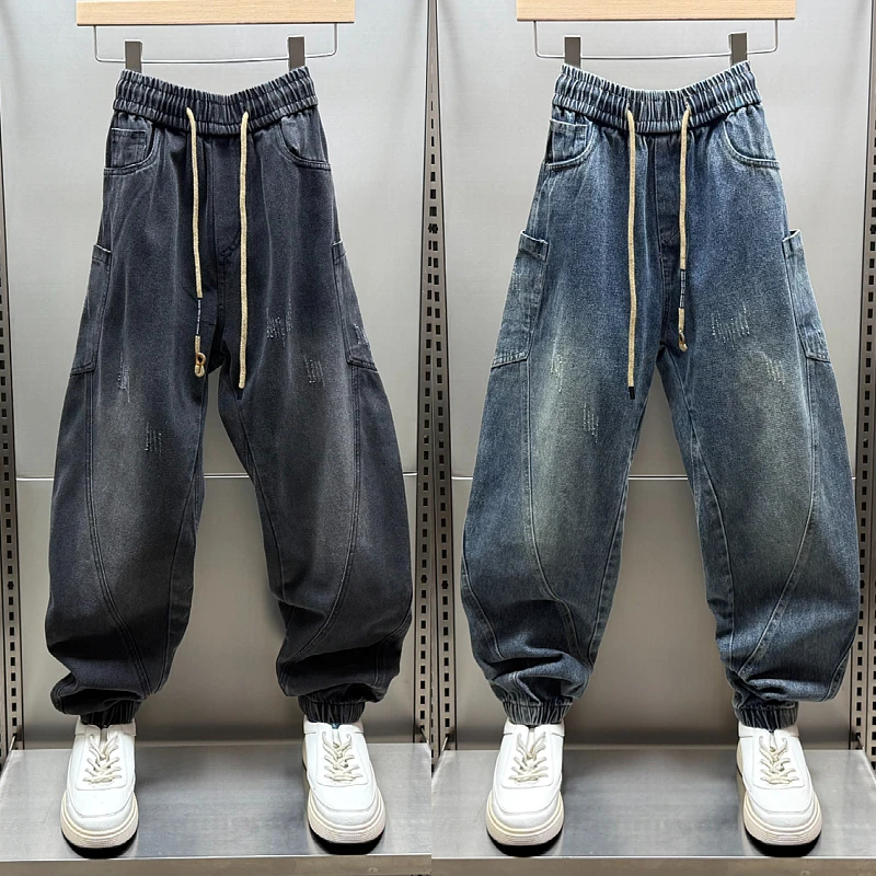 裤子男秋冬时尚百搭宽松潮流弯刀裤牛仔裤潮牌流行拼接工装束脚裤
