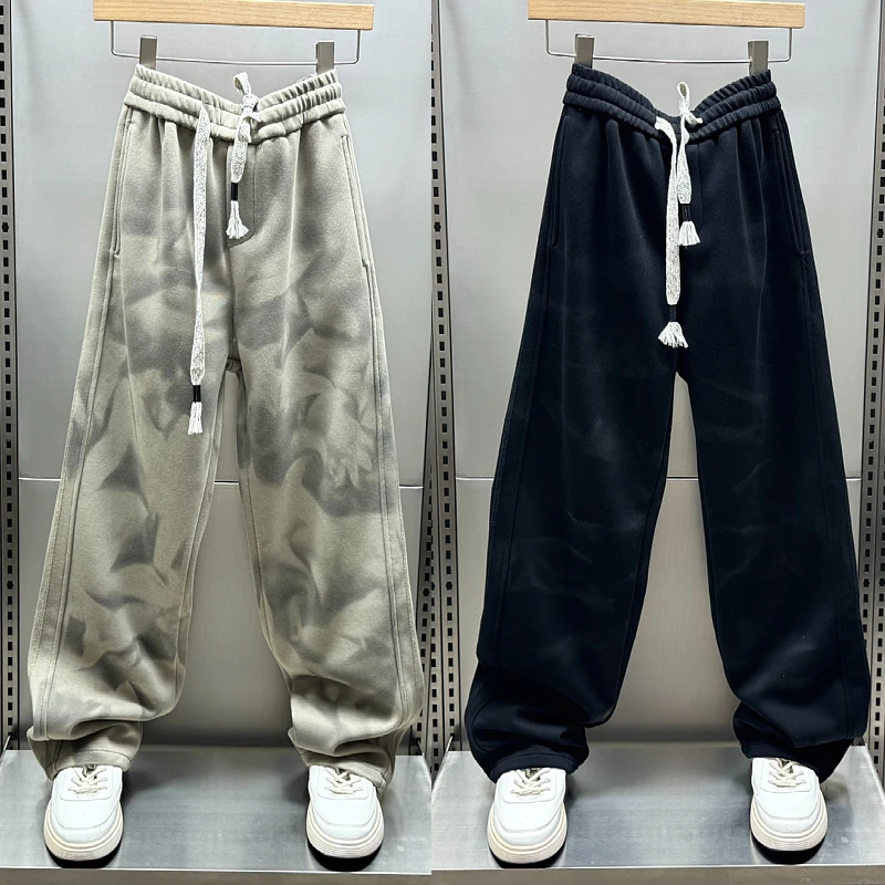秋季新款美式宽松个性设计感脏脏裤青年男士痞帅直筒休闲运动卫裤