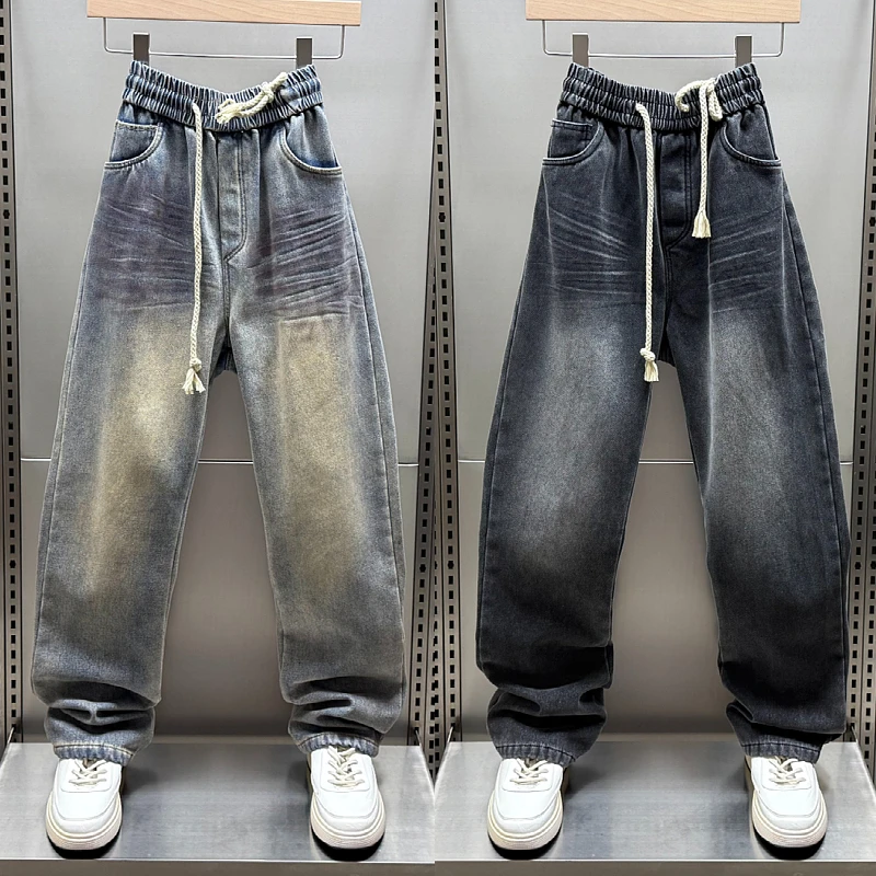 秋冬款加绒加厚牛仔裤男显瘦港风做旧休闲裤复古磨白宽松直筒长裤