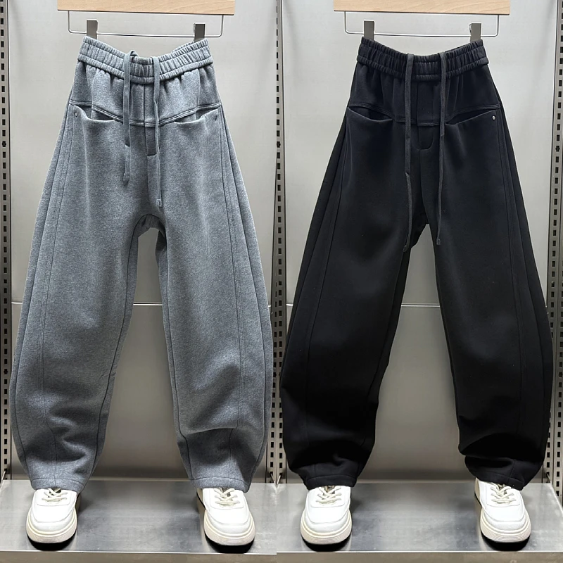 秋冬新款加绒卫裤直筒弯刀裤男女同款潮牌美式痞帅百搭纯色休闲裤