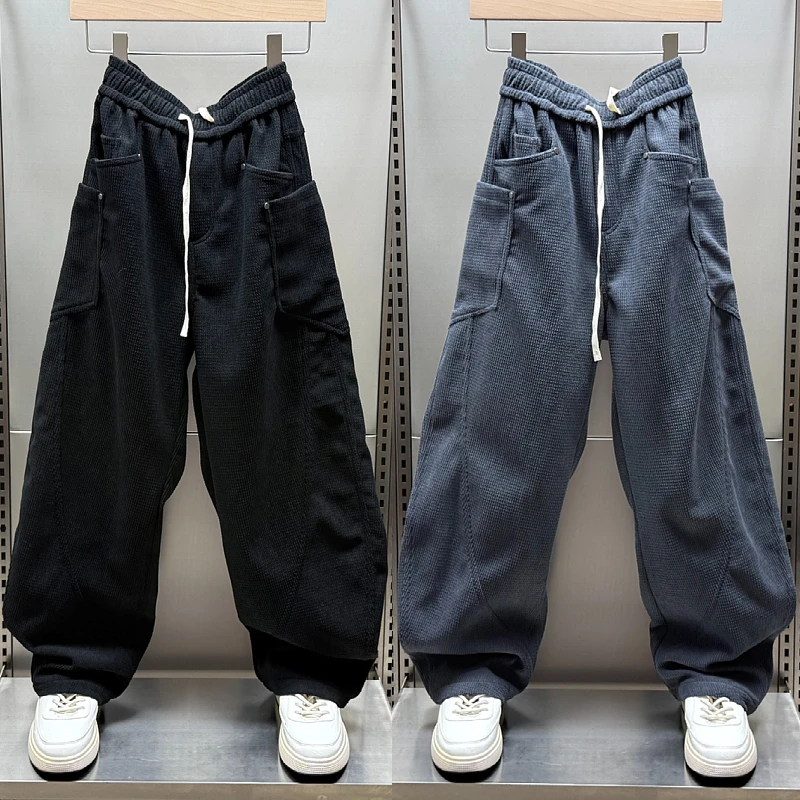 秋冬新款灯芯绒休闲长裤加绒男士宽松拼接阔腿弯刀裤拼接直筒长裤