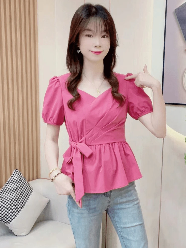 时尚设计感泡泡袖衬衫女2024夏款新款气质减龄收腰显瘦短袖上衣潮
