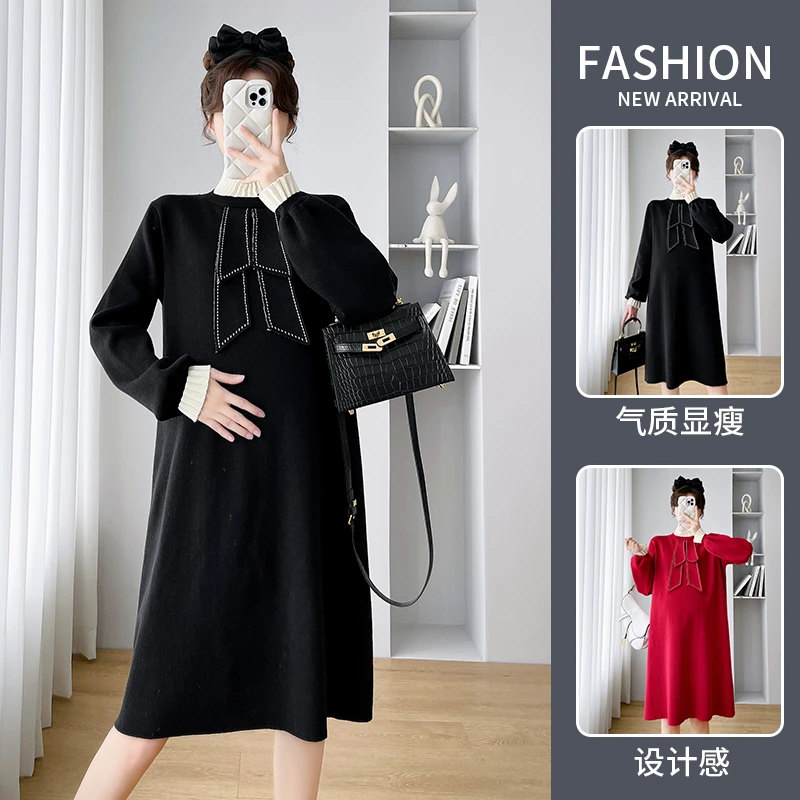 孕妇毛衣连衣裙中长款宽松秋冬新款设计感气质拼接中领洋气孕妇裙