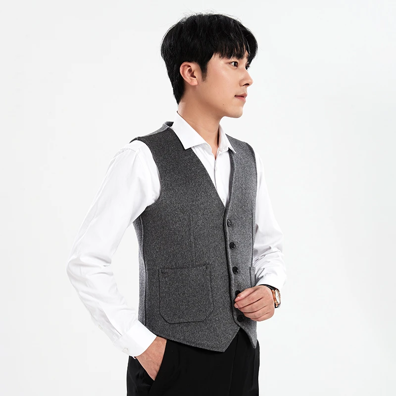春秋100绵羊绒呢子西装马甲男坎肩加厚保暖羊绒背心V领双面呢马夹