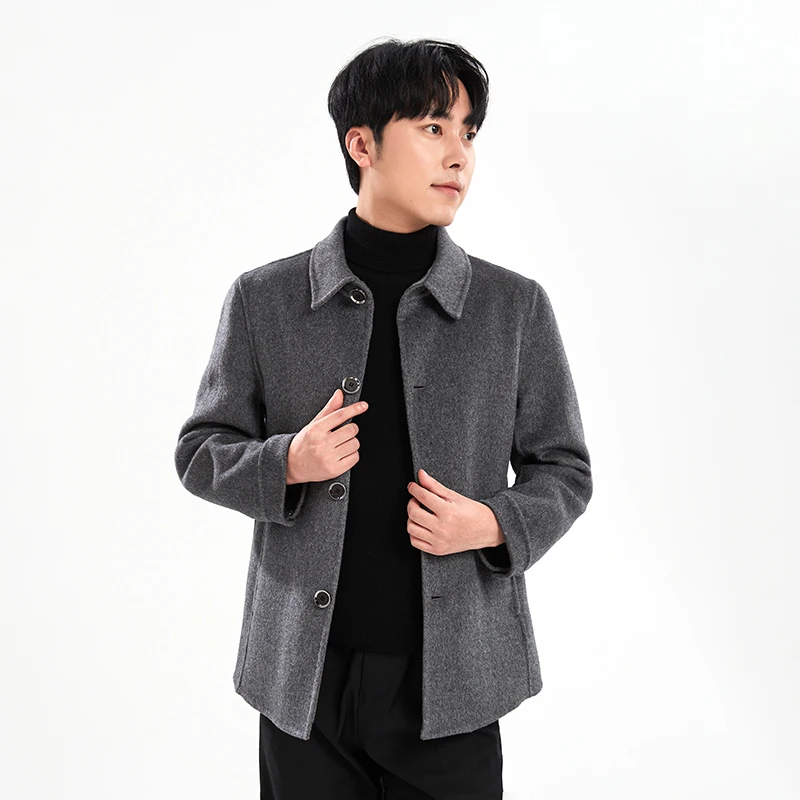 秋冬双面羊绒外套 100%羊毛呢子大衣 男士翻领短款中年双面呢夹克