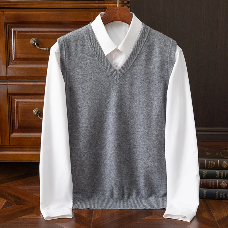 背心男款毛衣纯色羊毛衫V领内搭100%纯羊毛马甲纯色百搭休闲针织