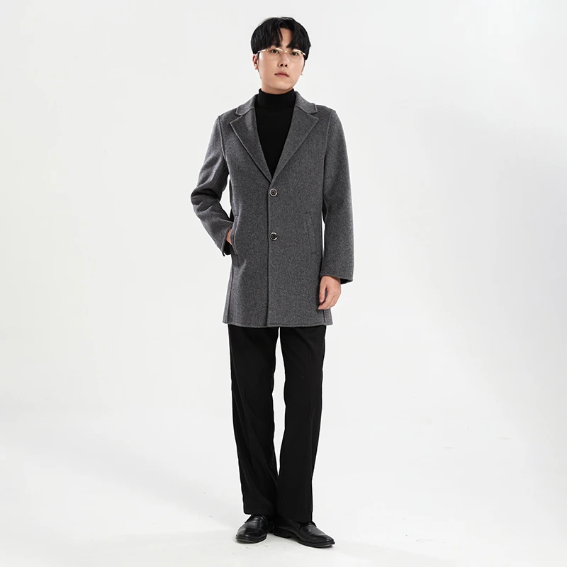 秋冬中款100双面绵羊绒大衣男翻领宽松韩版落肩羊毛呢子风衣外套