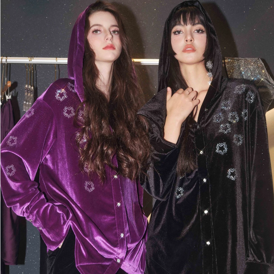 IA WARM AID ING 流星烫钻丝绒长衬衫连帽外套原创设计师品牌