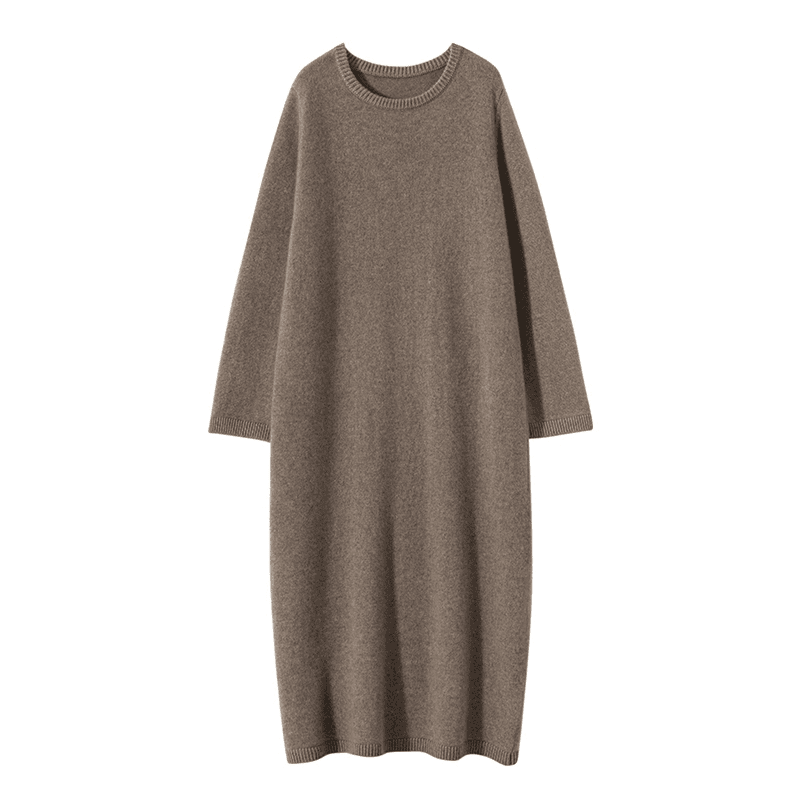 气质穿搭必备！100%纯山羊绒7针加厚圆领中长款羊绒长裙套头连衣裙