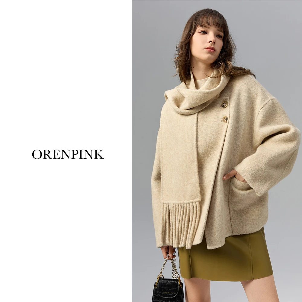 Orenpink秋冬女款新款时尚休闲保暖双面呢绵羊毛围脖巾两件套大衣