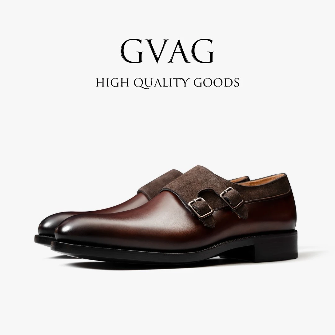 GVAG棕色固特异手工擦色商务休闲正装皮鞋男士英伦西装鞋孟克鞋