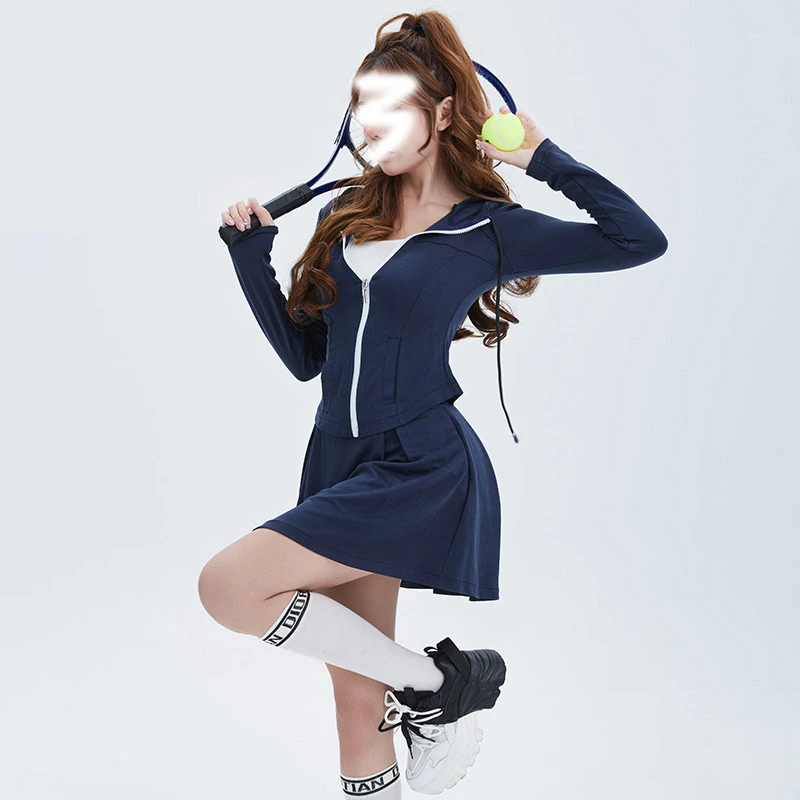 活力少女韩版连帽开衫修身上衣百褶裙2025年早春时尚运动活力套装