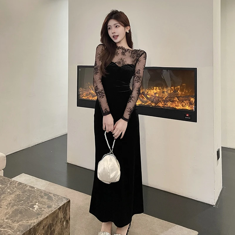 性感御姐风蕾丝拼接丝绒长袖连衣裙气质名媛修身收腰露背礼服长裙