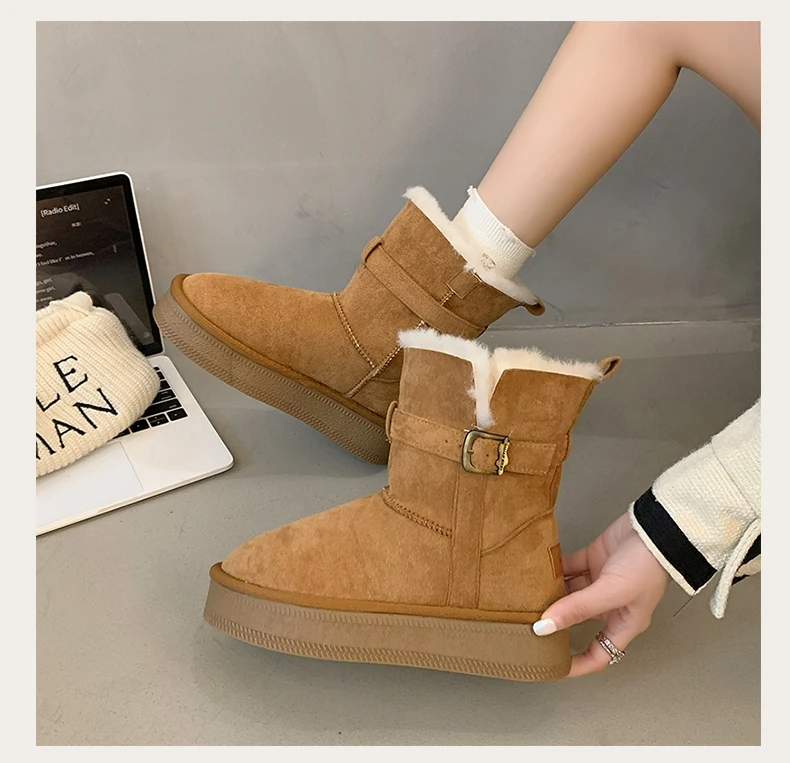 2302两穿时尚百搭加绒加厚保暖冬季短筒女雪地靴厚底平底中筒韩版