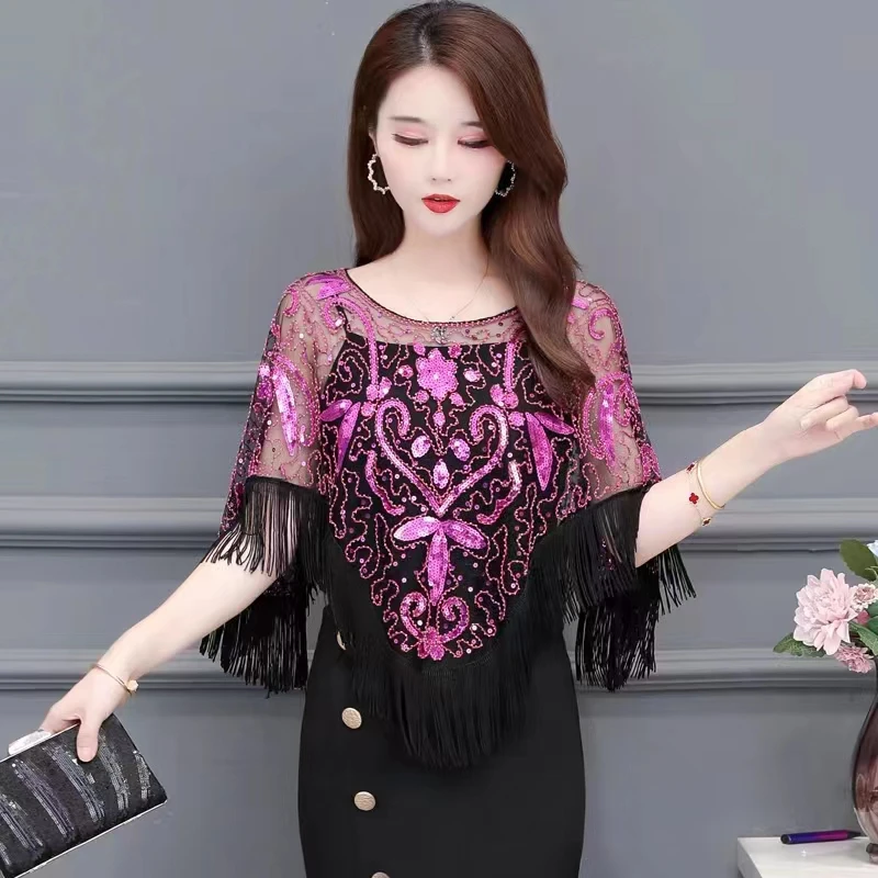 2023新款披肩斗篷外套星空纱亮片花瓣高端披肩时尚优雅气质