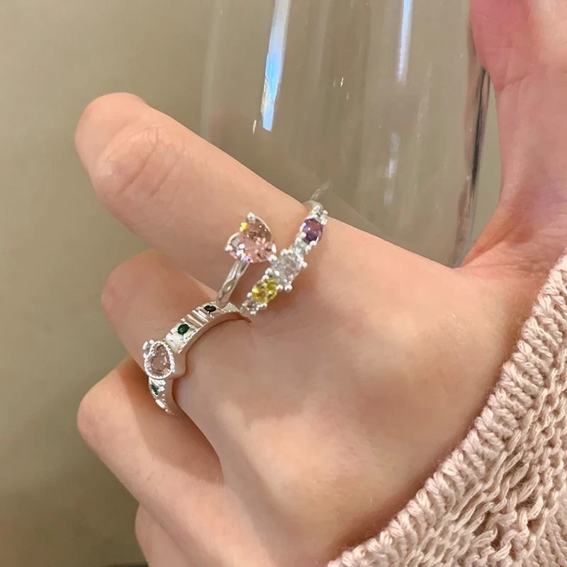 合金戒指 五金女孩皇冠爱心锆石可调节戒指网红小众彩色可爱个性