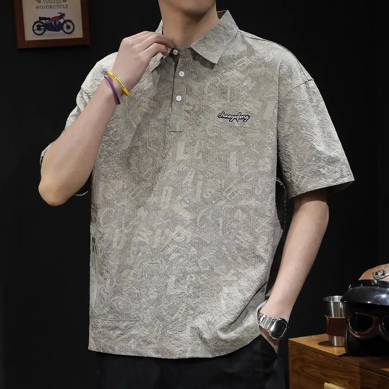 夏季重磅新款设计感满印花polo衫男美式复古工装翻领冰丝短袖T恤