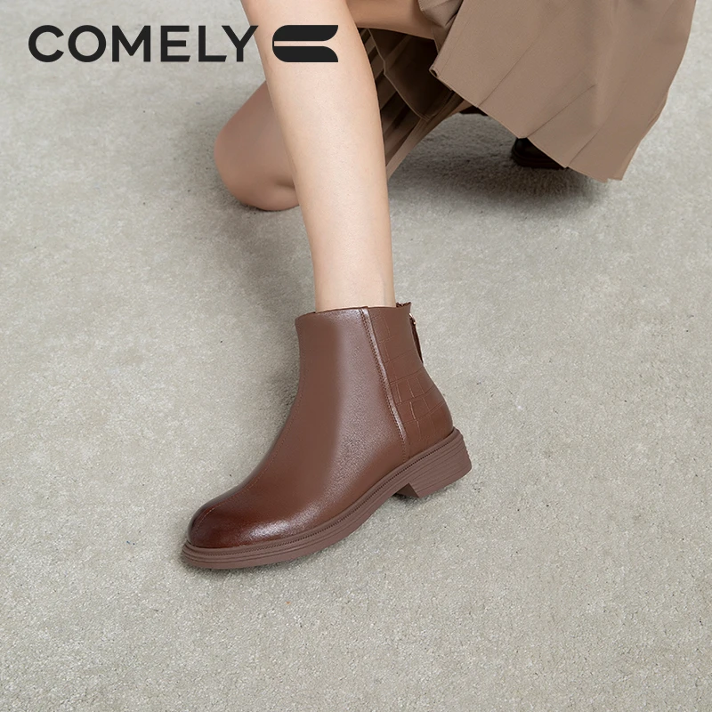 【康莉COMELY】KZQ3A883百搭羊皮圆头休闲短靴舒适显瘦软女真皮棕色