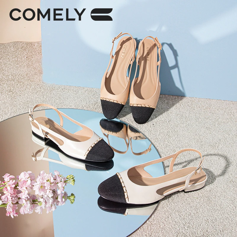 【康莉COMELY】KYQ3A202小香风包头凉鞋女时尚低跟粗跟拼接时装凉鞋