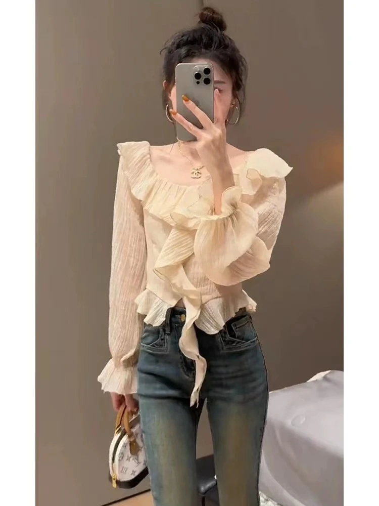 法式荷叶边一字领长袖衬衫女早秋设计感小众气质绝美修身短款上衣