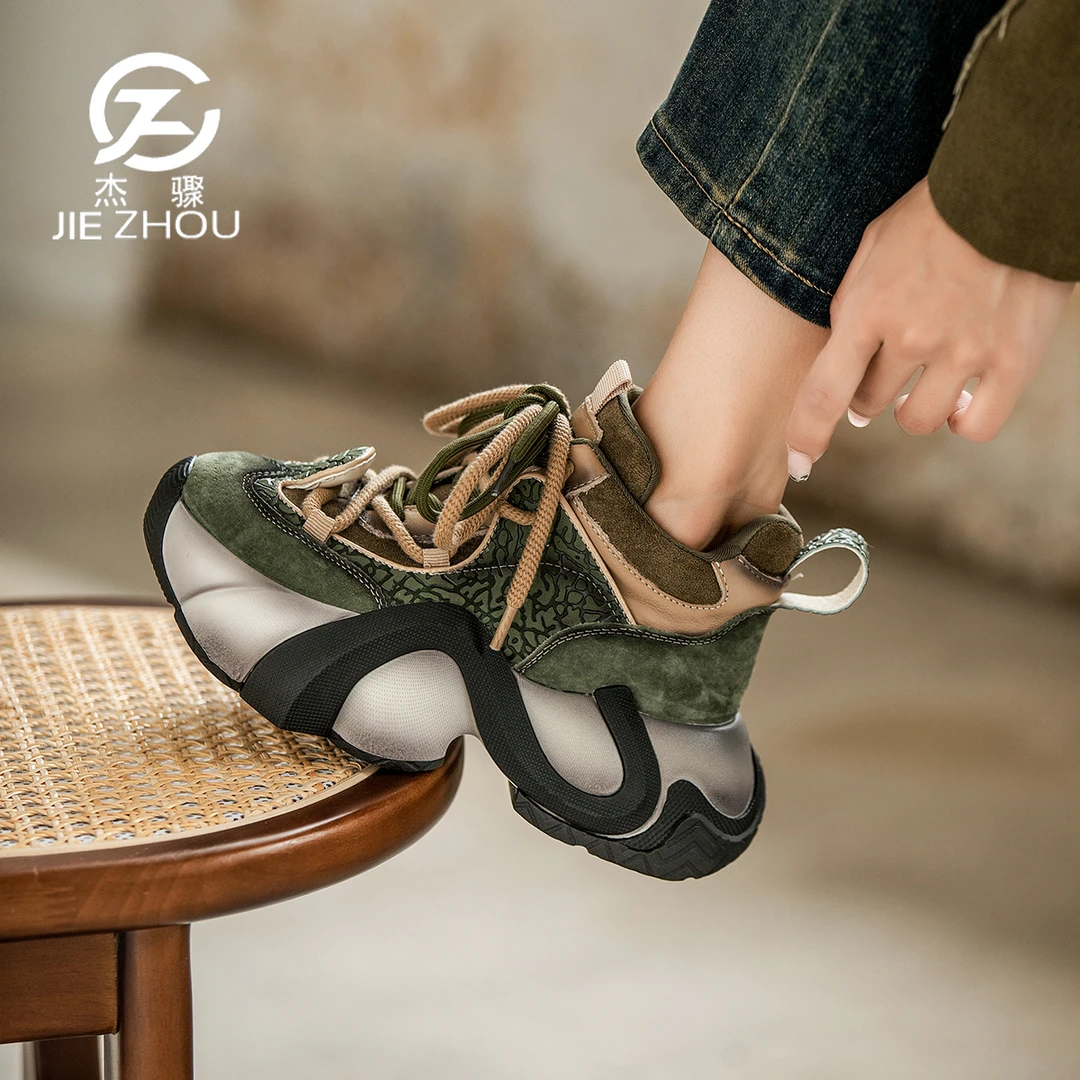杰骤真皮厚底秋季休闲鞋头层牛皮增高厚底彩色老爹鞋复古百搭女鞋