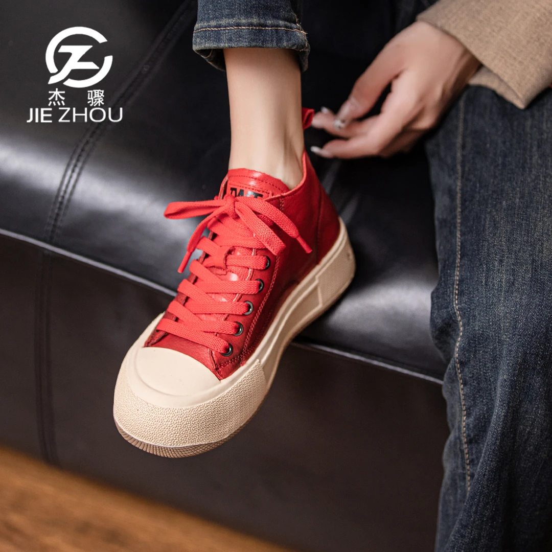 杰骤春夏百搭真皮高帮鞋时尚厚底潮流板鞋牛皮红色休闲女鞋2206-1